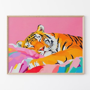 Sleeping Tiger In Bed Oil Painting Print | Maximalist Wall Decor | Tiger Print | Tiger Wall Art | Jungle Decor | Tiger Bedroom Decor | STIA6