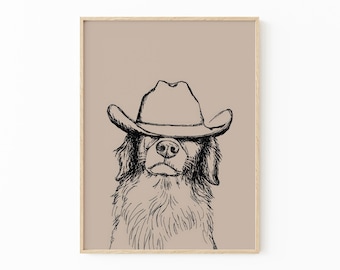Grappige cowboyhond zwarte schets Art Print | Retro-afdruk | Vintage kunst | Blauwe muurkunst hond | Westernhondenprint | Trendy decoratie | CDB4