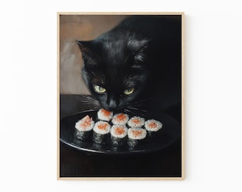 Black Cat Sushi Oil Painting Print | Tokyo Art Print | Oishii Cat Print | Delicious Japanese Food Art | Kitchen Wall Art | Sushi Art | BCS1