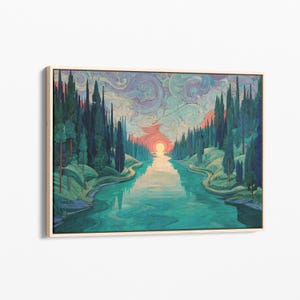 Long and Winding Forest River Oil Painting Canvas Print | Forest River Canvas Wall Art | Tree and Nature Art | Mountain Forest Decor | LAW8