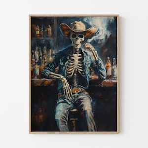 Wild West Remains Skeleton Cowboy In a Bar Stampa a olio su tela / Arte murale western / Arte da cowboy / Regalo per viaggio su strada / Stampa sud-occidentale / WWR2