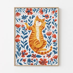 Ginger Cat Stretching Floral Illustration Print | Orange cat painting | Kitten illustration | Nursery prints | Flowers wall decor | GCS3