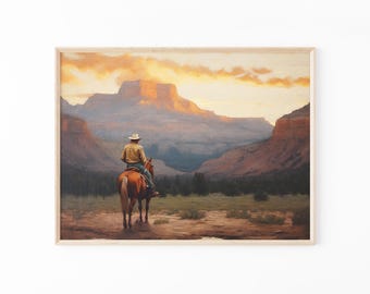 Vintage Landscape Cowboy Oil Painting Print | Western Wall Art | Mid-Century Wall Decor | Rustic Southwest Decor | VLCO03