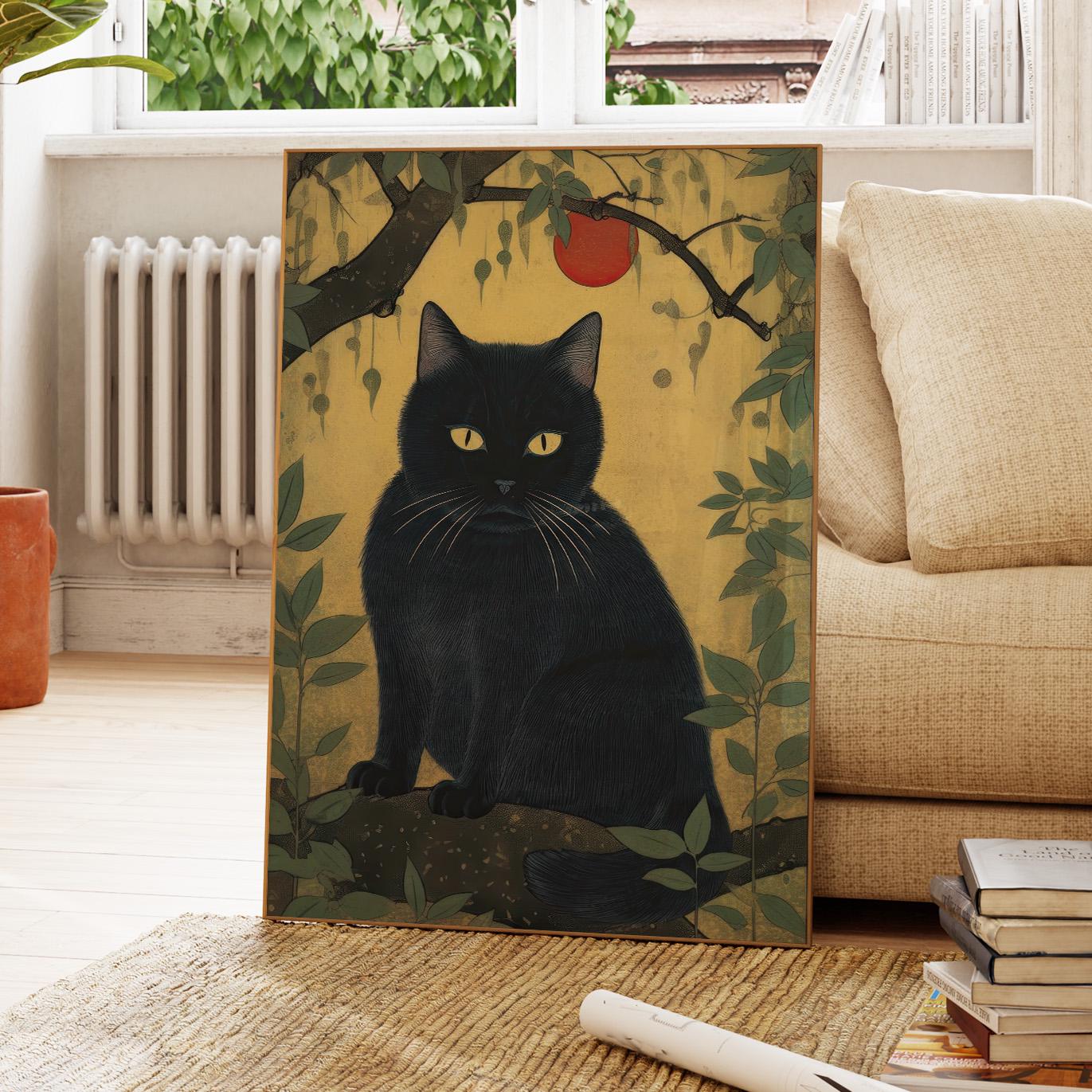 ヴィンテージの日本の黒猫の絵画プリント｜猫の壁アート｜和風