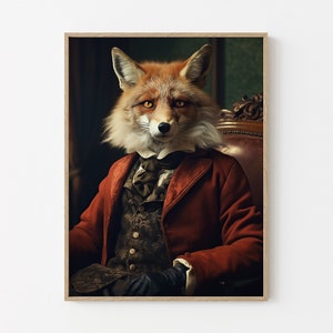 Stampa a olio di ritratto di volpe vintage da gentiluomo, parete della galleria botanica scura, arte murale malinconica, animale del bosco fantasy e stravagante GVF2