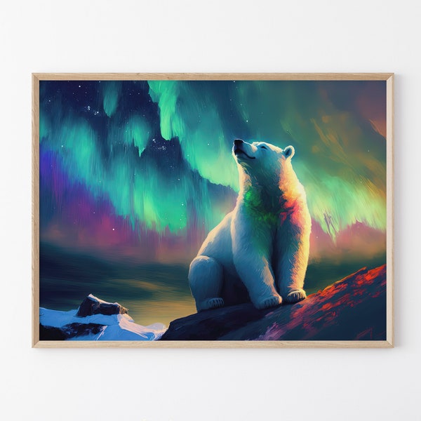 Oso polar observando la aurora boreal (Aurora boreal) Pintura al óleo, Impresión de arte de pared mate, Decoración del hogar de invierno, Regalo para los amantes del oso polar