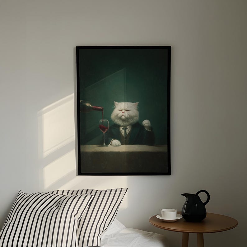 White Persian Cat With Wine Glass Print | Moody Whimsical Wall Art ...