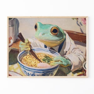 Frog Eating Ramen Oil Painting Print | Ramen Noodles Wall Art | Quirky Kitchen Decor | Japanese Inspired Painting | Unique Wall Art | RFE1