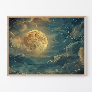 Vintage Enchanting Celestial Moon Art Oil Painting Print | Dark Academia & Dark Cottagecore | Night Sky Painting | Moon Art Print | VEC8