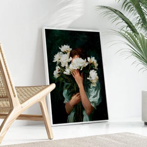 a painting of a person holding a bouquet of white flowers, with the flowers partially obscuring their face.