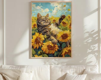 ヴィンテージひまわり猫油絵プリント | ゴッホのひまわり静物画に