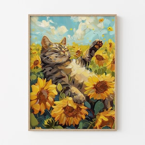 Stampa di pittura a olio di girasole vintage con gatto / Ispirato a Van Gogh Girasoli Natura morta / Regalo di belle arti Arte murale / VSC3