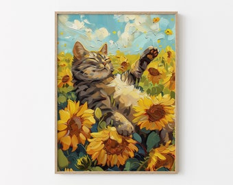 絵画 猫 ゴッホ 向日葵 ミニ画 パロディ オマージュ cat art Gogh 猫のプリント ゴッホ ひまわり 静物画 面白いギフト ポスター 壁
