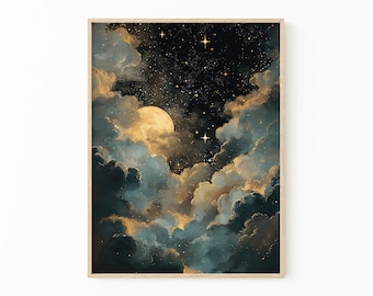Moon Celestial Oil Painting Print | Dark Academia Decor | Abstract Night Sky Stars Print | Blue Gold Vintage Painting | DGM3