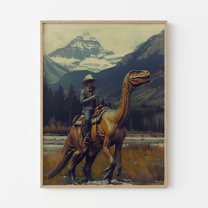 Stampa a olio vintage di dinosauro cowboy / Stampa di dinosauro giurassico occidentale / Regalo per lui, stampa divertente / VDC8