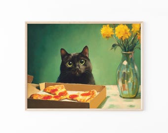 Begging Black Cat Eating Pizza Print: Whimsical Funny Wall Art for Cat Lovers | GUP2