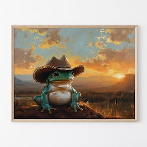 Impresión de pintura de rana vaquera / Arte de pared vintage del Oeste / Decoración estética del lejano oeste de moda / Regalo con impresiones bonitas / CFP1