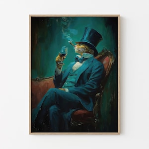 Gentleman Cat Sipping Wine Oil Painting Print | Bar Cart Decor | Cat Poster | Wine Print  | Trendy Kitchen Decor | Dining Room Print | GCS2