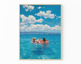 Finding Meaning Oil Painting Print, Girls relaxing, Sunset Abstract Swimming Painting, Ocean Minimalist Wall Decor | GIR4