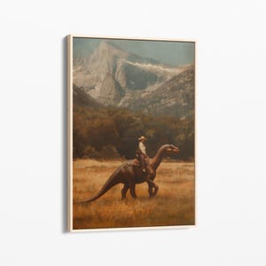 Vintage Dinosaur Cowgirl Oil Painting Canvas Print | Western Jurassic Dinosaur Print | Gift for Him | Funny Print | Midwestern Decor | VDG3