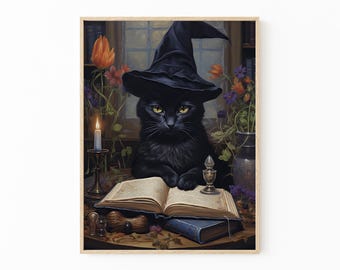 Vintage Black Cat Witch Oil Painting Print, Vintage Poster, Dark Academia, Gothic Victorian, Black Cat Art, Witchy Decor BCTH8
