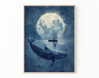 Whale Watercolour Painting | Whale Print, Whale and Boat | Whale Art | Whale Nursery | Humpback Whale art wall decor gift |  WWP1