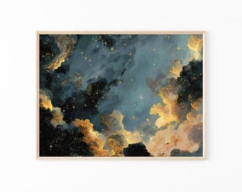 Stampa di pittura a olio celestiale malinconica / Decorazione accademica scura / Stampa di stelle del cielo notturno astratto / Pittura vintage blu oro / DAG8