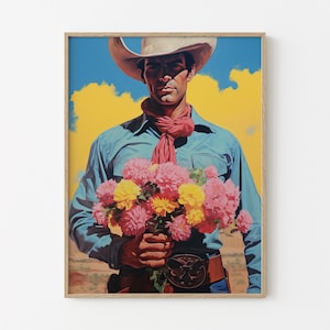 Floral Cowboy Art, Vintage Cowboy Art Print, Western Art Print, Western Cowboy gift, Retro Cowboy Decor, Western Cowboy Painting FCA2