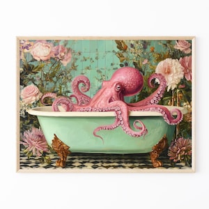 Octopus In A Bathtub In A Luxury Bathroom Oil Painting Print | Octopus Gift | Octopus Wall Art | Funky Eclectic Bathroom Decor | OIA7