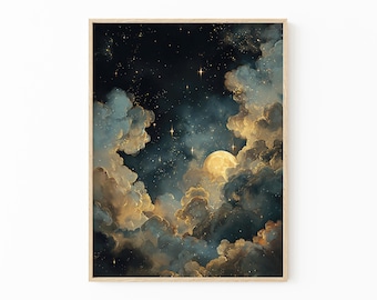 Moon Celestial Oil Painting Print | Dark Academia Decor | Abstract Night Sky Stars Print | Blue Gold Vintage Painting | DGM1
