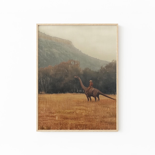 Vintage Dinosaur Cowboy Oil Painting Print | Western Jurassic Dinosaur Print | Gift for Him | Funny Decor | VDC1