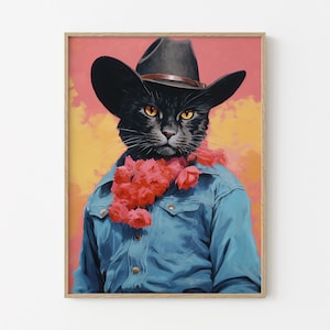 Stampa artistica surreale di cowboy con gatto nero - Decorazione per animali domestici eccentrica e occidentale fantastica Ritratto retrò di cowgirl Meowdy Wall Art WCC8