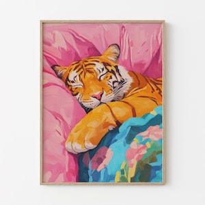 Sleeping Tiger In Bed Oil Painting Print | Maximalist Wall Decor | Tiger Print | Tiger Wall Art | Jungle Decor | Tiger Bedroom Decor | STIA3