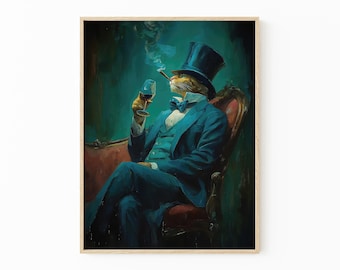 Gentleman Cat Sipping Wine Oil Painting Print | Bar Cart Decor | Cat Poster | Wine Print  | Trendy Kitchen Decor | Dining Room Print | GCS2