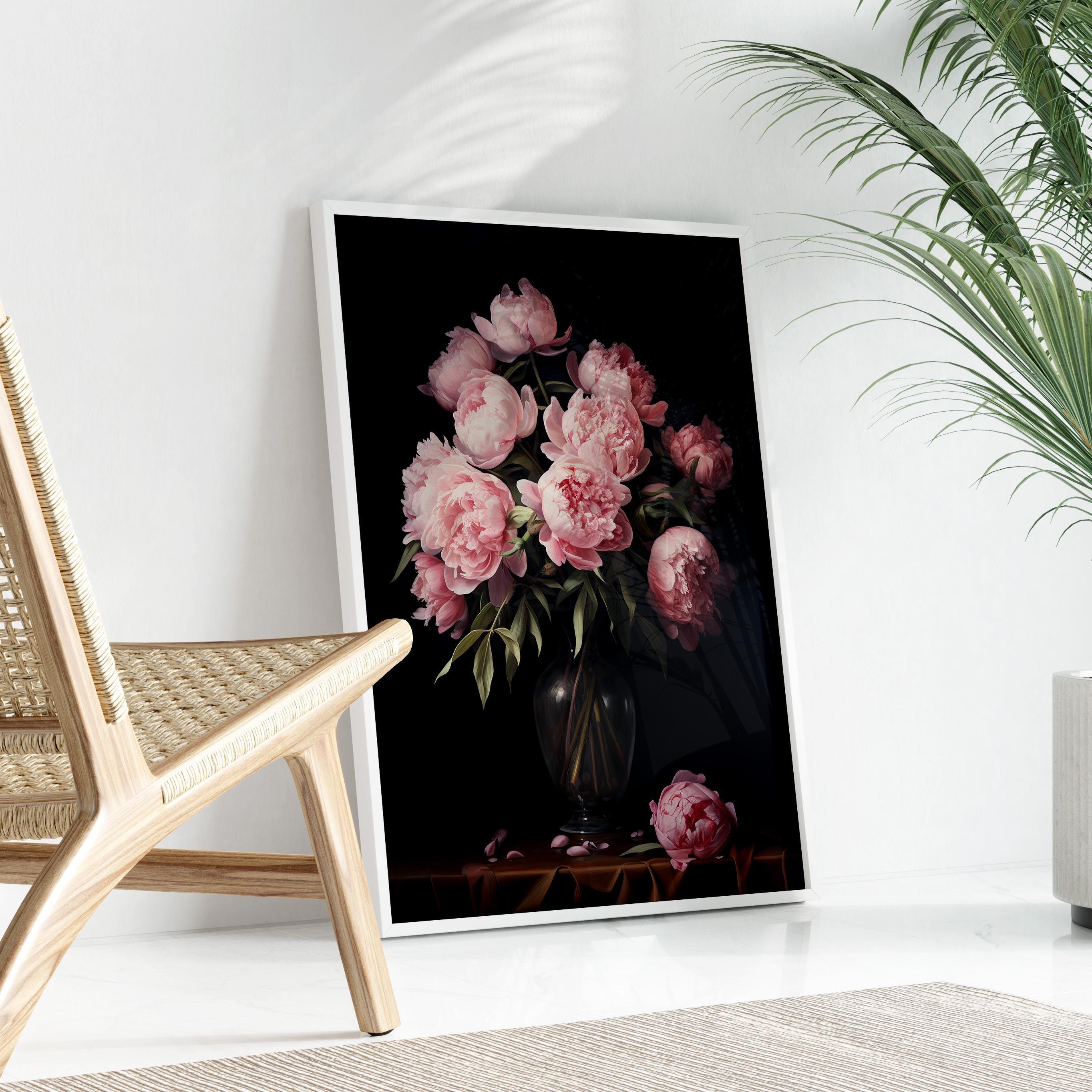Vintage Moody Dark Peony Still Life Oil Painting Print | Floral