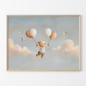 Stampa artistica con orsetto di peluche per cameretta dei bambini / Nuvola / Maschio Femmina / Genere Unisex Neutro Beige Naturale Palloncino Boho / BTN8