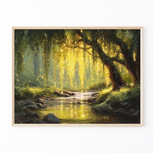 Willow Tree Fairies Oil Painting Print | Cottagecore Decor | Dark Academia Art | Enchanted Nature Wall Art | Rustic Aesthetic | TOP1