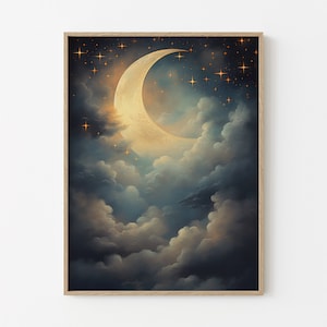 Vintage Enchanting Celestial Moon Art Oil Painting Print | Dark Academia & Dark Cottagecore | Night Sky Painting | Moon Art Print | VEC2