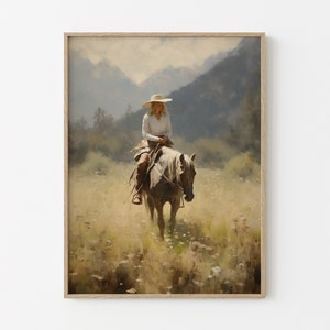 Stampa a olio di paesaggio vintage con cowboy, arte murale occidentale, decorazione murale di metà secolo, decorazione rustica del sud-ovest VLCO06