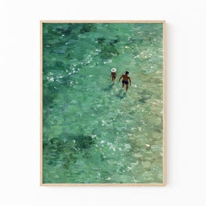 Green Abstract Oil Painting Print | Two People Swimming Painting | Turquoise Painting | Green wall art | Green Minimalist Art | GBO3
