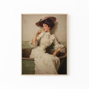 Vintage Woman in Bathroom Painting Print | Woman In Bathtub With Champagne | 1920 Coquette Aesthetic | Alcohol Chic Fashionista Gift | VWI3