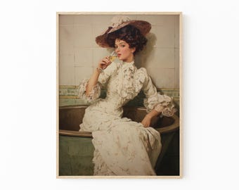 Vintage Woman in Bathroom Painting Print | Woman In Bathtub With Champagne | 1920 Coquette Aesthetic | Alcohol Chic Fashionista Gift | VWI3