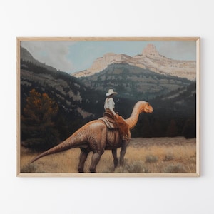 Vintage Dinosaur Cowgirl Oil Painting Print | Western Jurassic Dinosaur Print | Gift for Her, Funny Print | VDG5