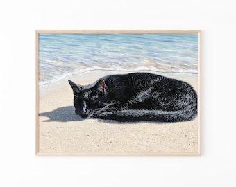 Black Cat Sleeping on Beach Oil Painting Print | Relaxed Black Cat Art | Beach Decor | Still Life Cat Print | Gift for Cat Lovers | BCB1