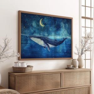 Whale Under the Moon Watercolor Painting | Whale Print | Whale and Boat ...