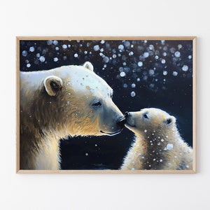 Polar Bear with Cub, Cute Oil Painting Artwork, High-Quality Matte Wall Art Print, Winter Home Decor, Gift for Polar Bear Lovers