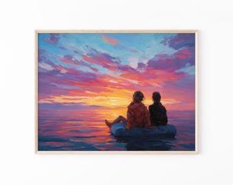 Finding Meaning Oil Painting Print, Girls relaxing, Sunset Abstract Swimming Painting, Ocean Minimalist Wall Decor | GIR2
