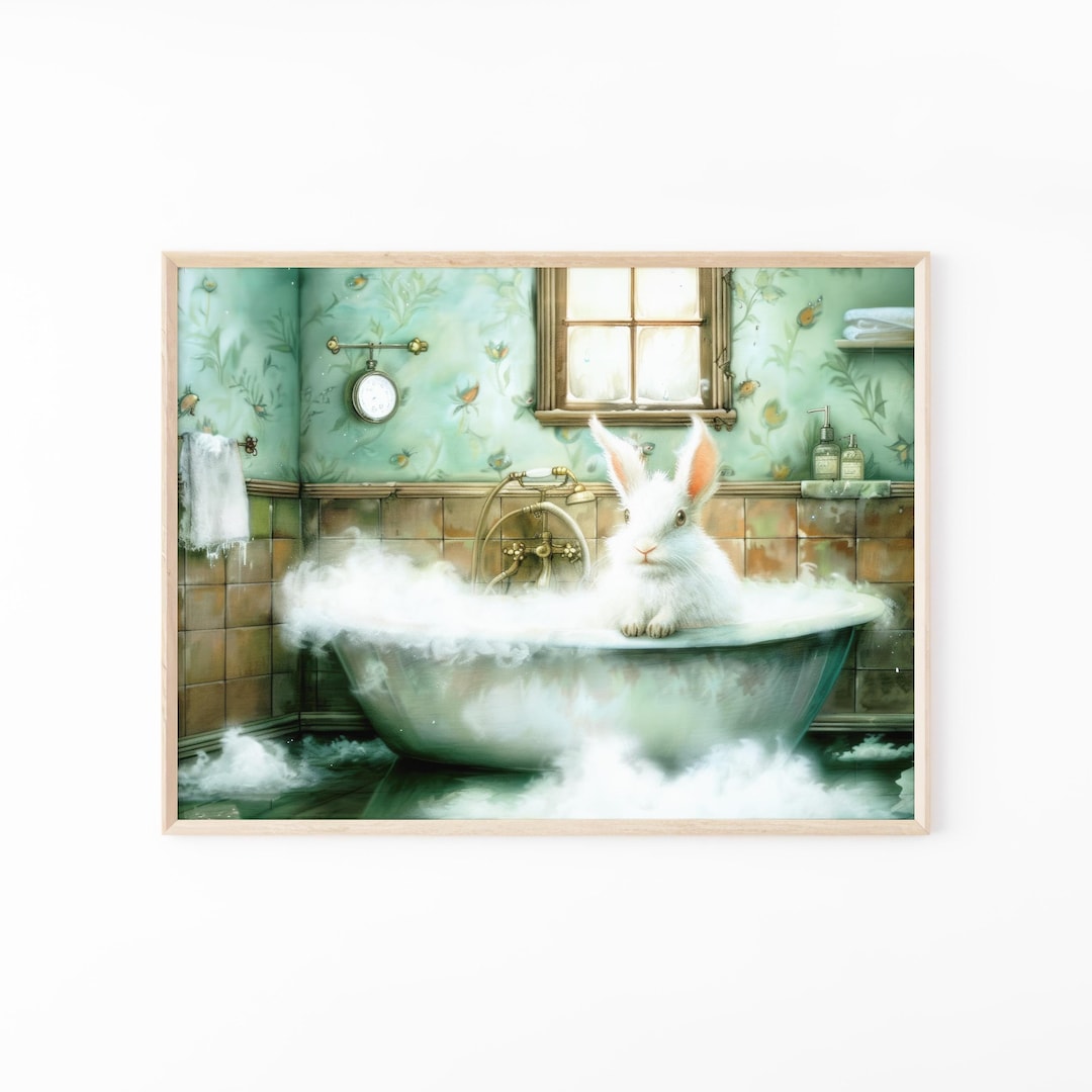 Deviantart Rabbit Bath Rabbit in Bathtub Painting | Bathroom Wall Art Print | Animal Decor ...