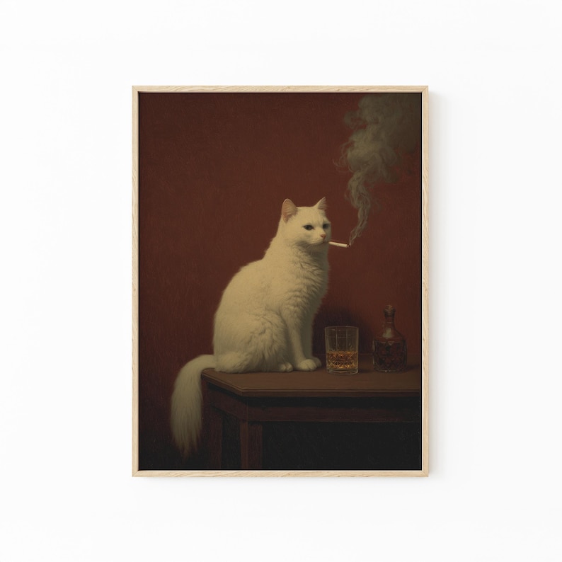 A white cat sits on a table, smoking a cigarette and holding a glass of whiskey.