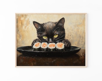 Black Cat Sushi Oil Painting Print | Tokyo Art Print | Oishii Cat Print | Delicious Japanese Food Art | Kitchen Wall Art | Sushi Art | BCS8